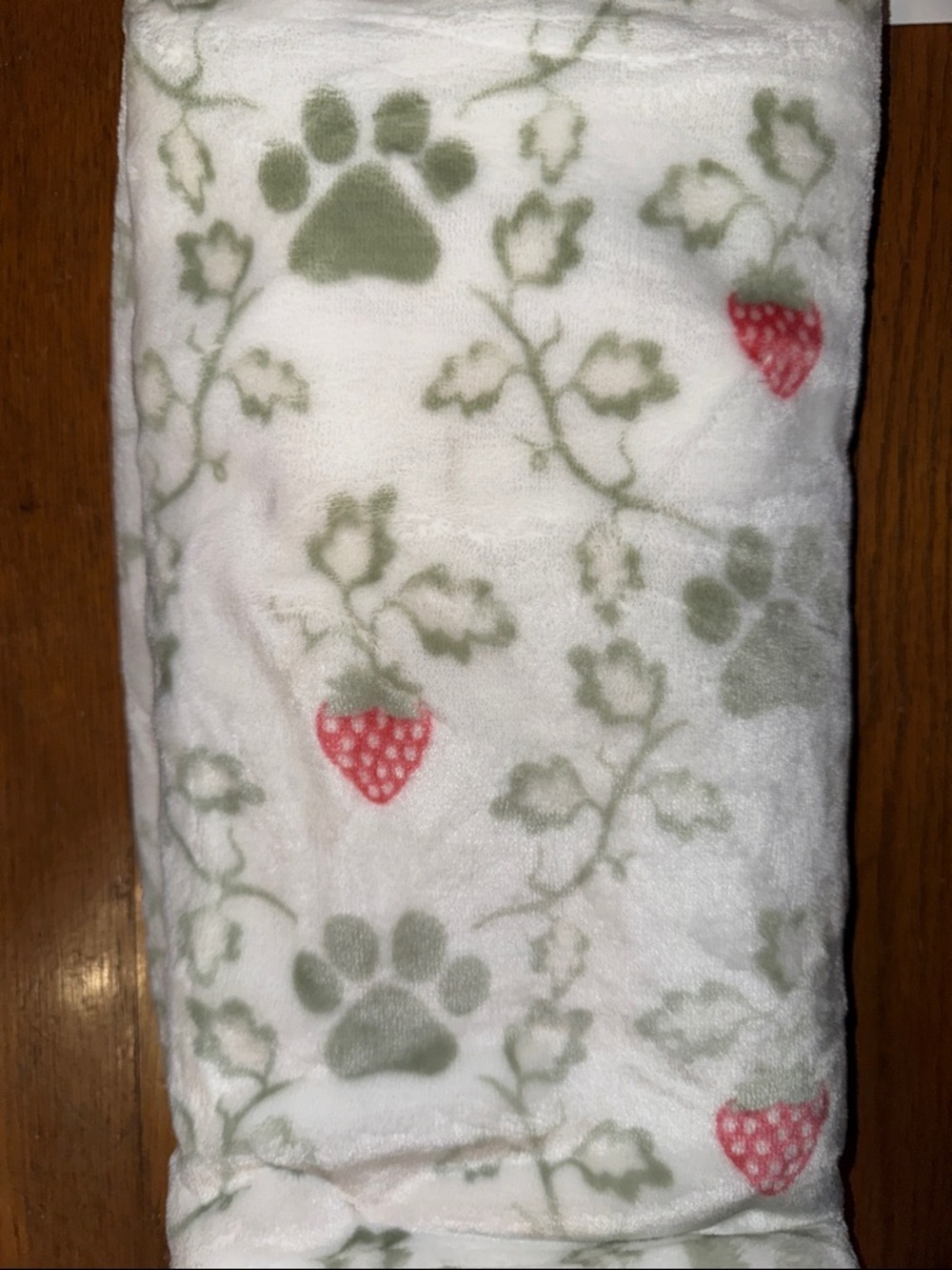 Soft White Plush Blanket with Green Paws & Red Strawberries
